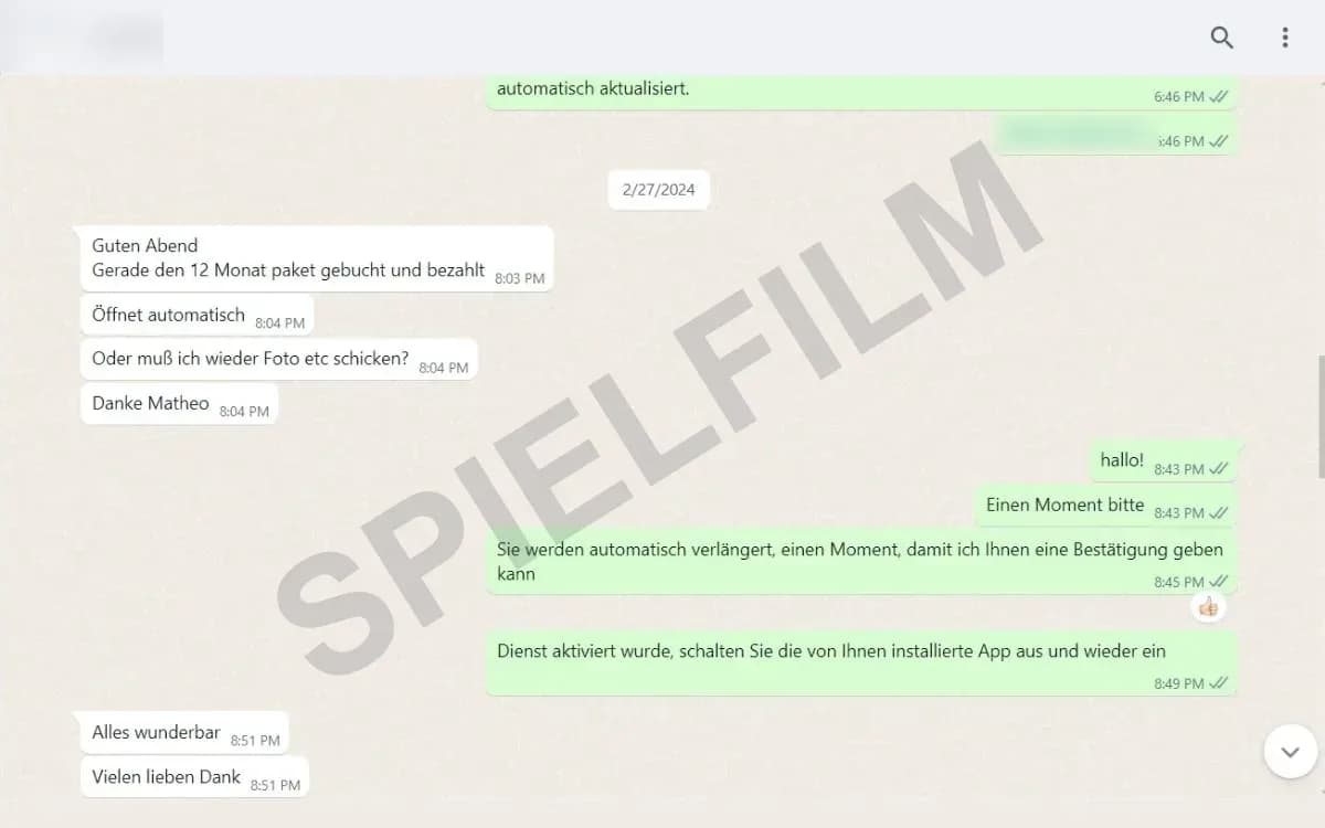 Kundenchat auf WhatsApp: 12 Monate bestellt und sofort aktiviert